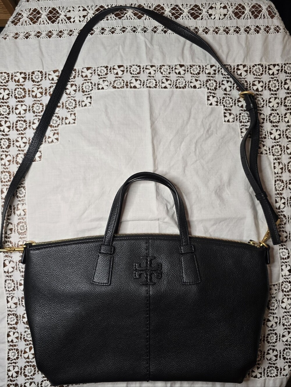 Tory Burch McGraw Black Pebbled Leather Satchel | Crossbody - Picture 2 of 15